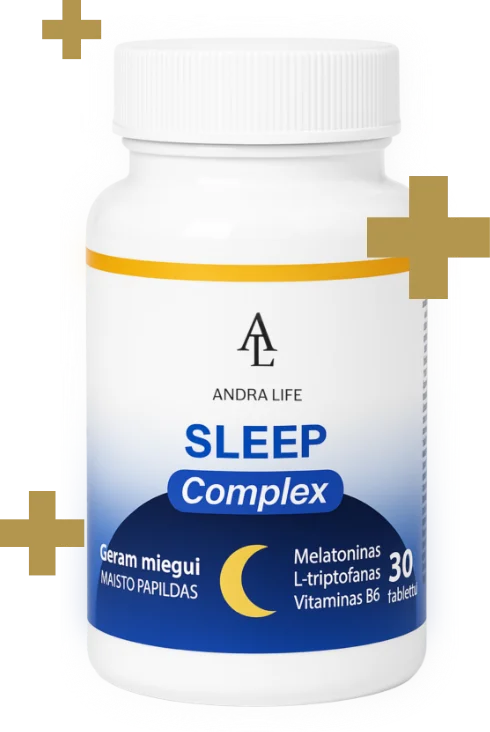 Moksliškai pagrįstas Sleep Complex su melatoninu, magniu ir vitaminais B6/B12 — natūralus būdas palaikyti miego ritmą, ramybę ir ryto žvalumą