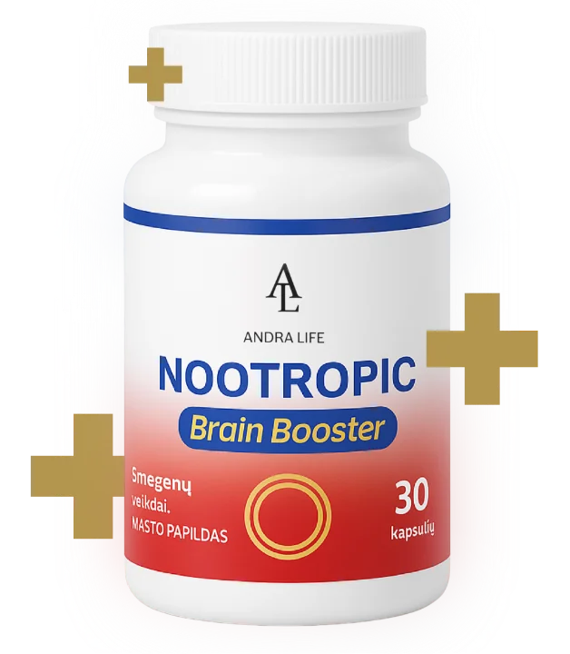 Natūralus, bet stiprus Nootropic Brain Booster – augalinių ekstraktų, B grupės vitaminų ir cinko derinys kasdieniam dėmesiui, atminčiai ir psichologinei pusiausvyrai.